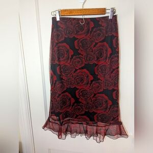 Vintage Red and black vintage digital print rose mesh skirt